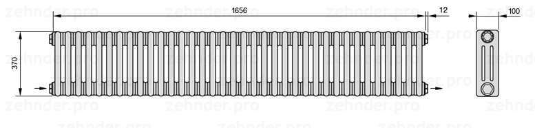 Схема (чертеж) Радиатор Zehnder Charleston 3037/36 №2670 Белый глянцевый RAL 9016